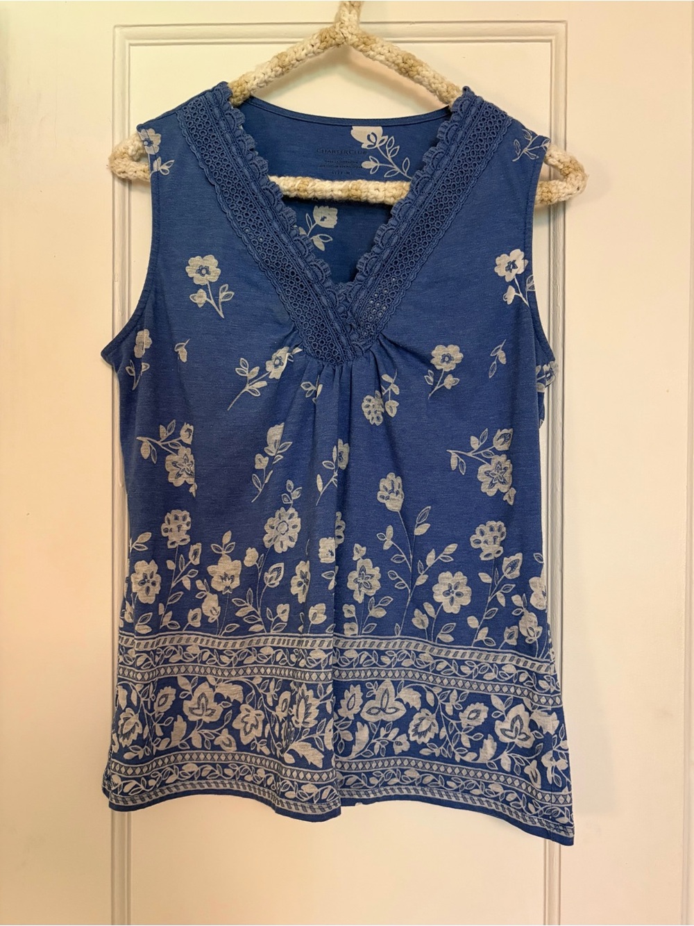 Charter Club Blue Floral Lace-Trim V-Neck Tank